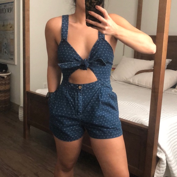Free People patterned denim overall romper - Picture 1 of 7